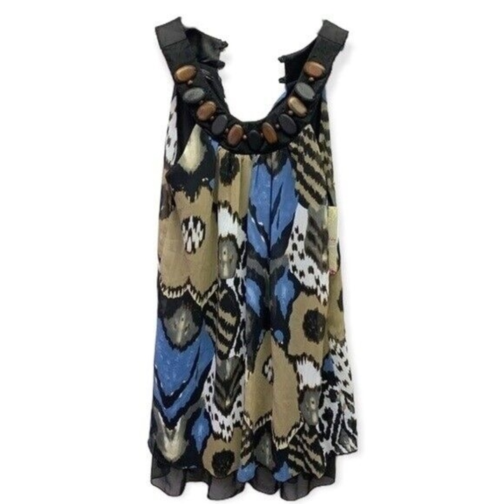 Kitty Tunic Top Size M Black Blue Brown Sexy‎ Classy Flowing Abstract Beaded New
